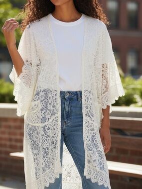 Boho Lace Fringe Open-Front Kimono - Cream